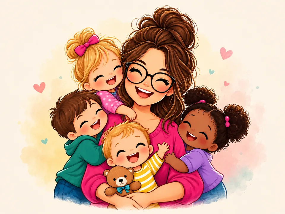 Illustration de Malika Temmar entourée de quatre enfants souriants, dans l'esprit chaleureux de son accueil