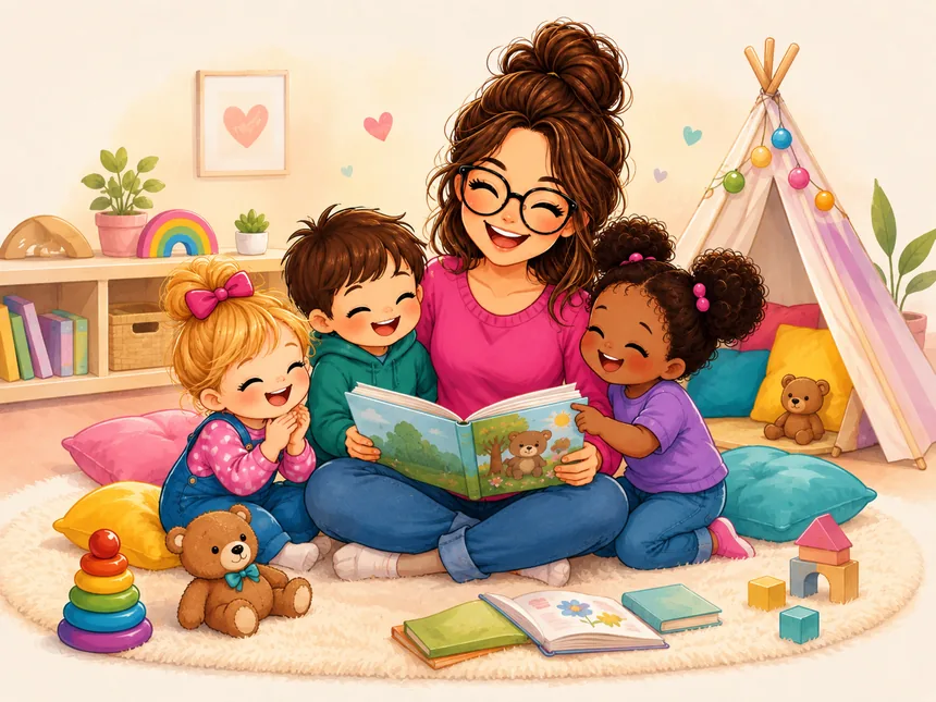 Illustration d'un moment de lecture partagée, dans l'esprit de l'accueil de Malika