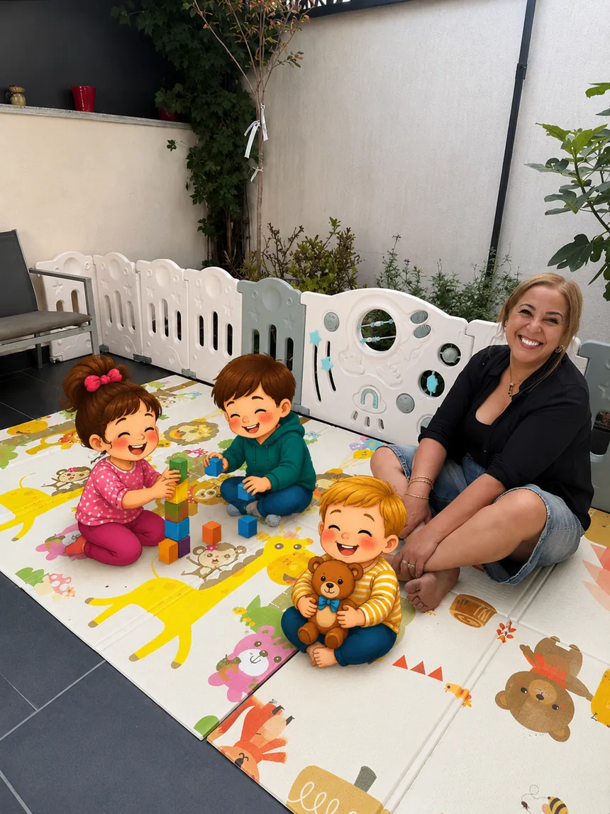Malika Temmar, assistante maternelle agréée à Orly, souriante dans son jardin (enfants représentés en illustration).